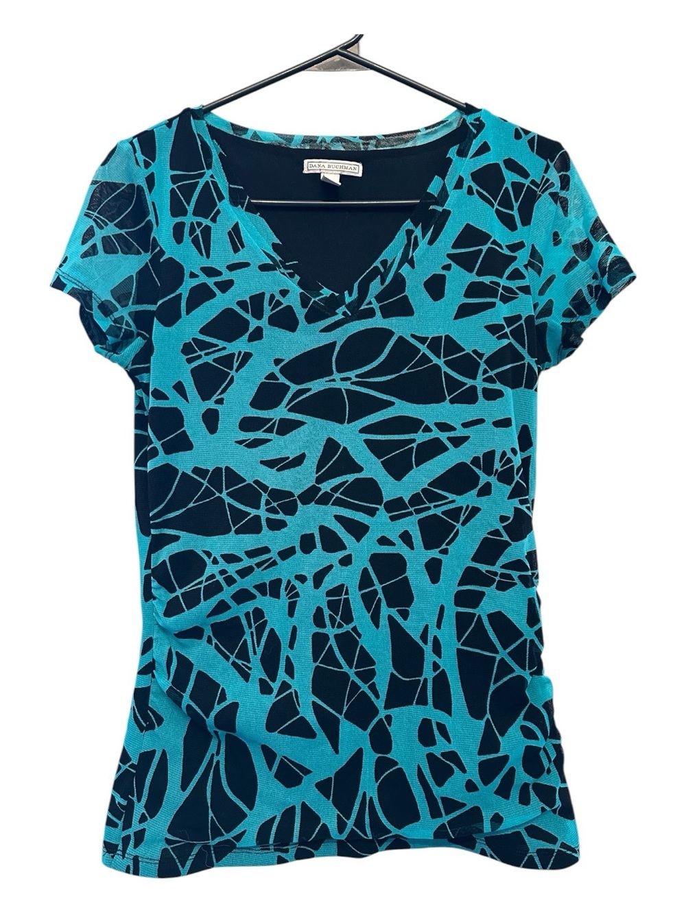Dana Buchman Teal & Black Nylon Abstract V-Neck Short Sleeve Top Small